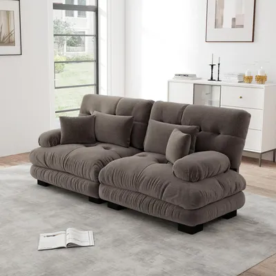 Produktbild von Ecksofa Wohnzimmer Chenille, 2-Sitzer Sofa mit 2 Lendenkissen & 2 Dekokissen, Massivholzrahmen