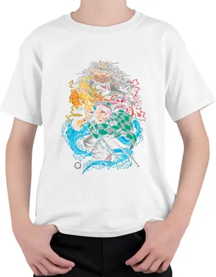 Zdjęcie produktu dla Kimetsu no Yaiba Tanjiro Nezuko Zenitsu Inosuke Anime Gift Uni Koszulka dziecięca, Biały, 152