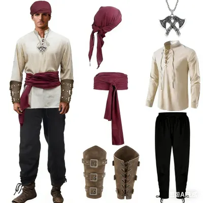 Produktbild von Piratenkostüm für Herren – Komplettset – Hemd/Hose/Gürtel – Armschützer/Accessoires – Mittelalterlicher Stil – Hochwertige Materialien – Mittelalterliches Kostüm