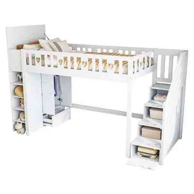 Produktbild von Hochbett mit Kleiderschrank und Lattenrost, 90x200 cm, Kinderbett mit Rausfallschutz, Regal, Treppe, Stauraum