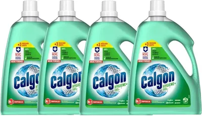 Four bottles of Calgon Hygiene+ Gel are arranged side-by-side against a white background.