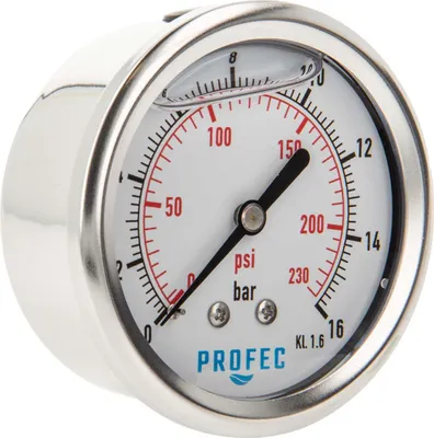 Produktbild von Profec Manometer 0 - 16 bar, Glyzeringefüllt, Ø 63 mm, 1/4 Zoll Anschluss nach hinten Axial, Überdruck-Manometer