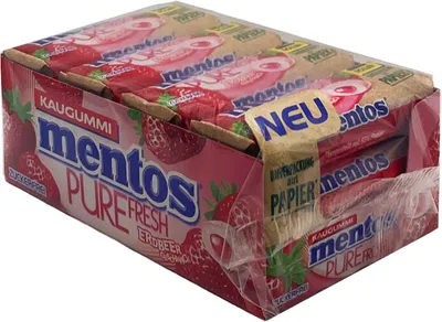 Produktbild von Mentos Pure Fresh Erdbeer Kaugummi, Kiste mit 12 Rollen à 31g