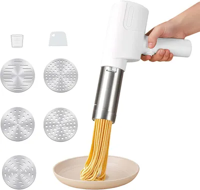Produktbild von Tragbare Nudelmaschine Elektrisch, 65W Hand Nudelmaschine Elektrische mit 5 Nudelformen, Nudelpresse für Picknick oder Zuhause