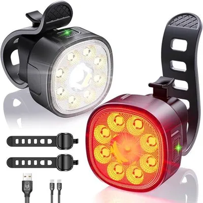 Productafbeelding van Fietslamp - Set fietslampen - LED fietslamp - Fietslamp voor voorwiel - Fietslamp - Fietsverlichting - Fietslamp voor voorwiel - LED fietslamp, rood en wit - Voor- en nachtverlichting - 8+7 lampen - IP65, waterdicht - LED fietslamp - USB-C oplaadbaar