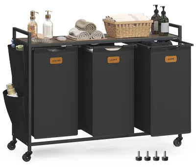 Produktbild von VASAGLE Wäschekorb 3 Fächer, 150 L, Wäschewagen mit Ablage, Rollen – Tintenschwarz + Aschbraun