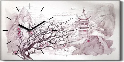 Produktbild von Wanduhr Uhr Wandbild Leinwand 60x30 Foto Wandbild groß Japanische Berge - schwarze Hände