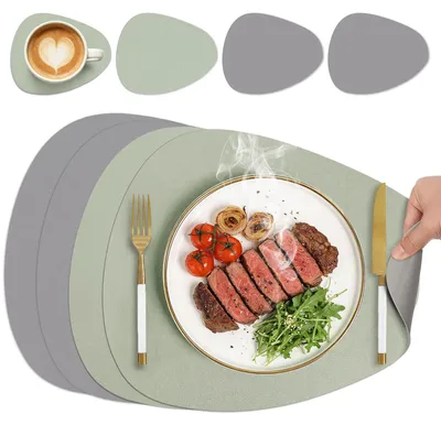 4er-Set ovale Kunstleder-Platzsets, abwaschbar, rutschfest, salbeigrün/grau