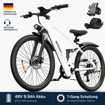 Produktbild von PiXELPiLOT T8S E Bike, Trekking E-Bikes Doppelte Federung, 250W Pedelec, 48V Akku, Shimano 7-Gang, LED-Licht, LCD Display
