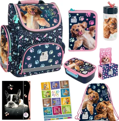 Produktbild von Schulranzen für Jungen und Mädchen, 8er-Set - Schul-Rucksack für Kinder mit Federmäppchen - Schuhbeutel Trinkflasche und Brotdose - Hund Motiv