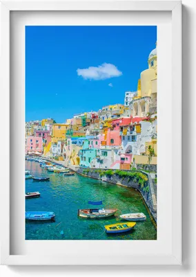 Produktbild von Stadt am Meer und Boote– Wandbild mit Rahmen – Gerahmtes Bild  – Wanddekoration – 40x60 cm – Weiß