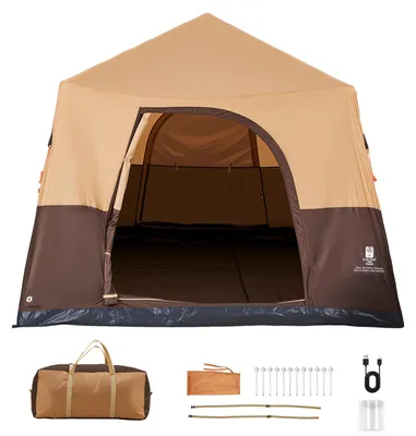 Immagine prodotto di Tenda da campeggio gonfiabile SucceBuy per 8 persone, tenda familiare con pompa ricaricabile, tubo d'aria in TPU e 4 finestre a rete, tenda spaziosa con borsa per il trasporto, ideale per campeggio e trekking, color beige