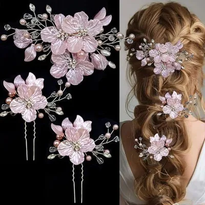 Produktbild von 3-teiliges Set mit großer Blumen-Haarspange und Haarnadeln für die Braut, mit Kristallperlen, Strass und rosa Blume