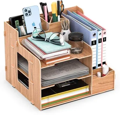 Zdjęcie produktu dla Organizator biurowy Ibzoa® wykonany z MDF – uchwyt na dokumenty i czasopisma z wieloma przegródkami, oszczędzający miejsce, wymiary: 34,3 x 31 x 27 cm