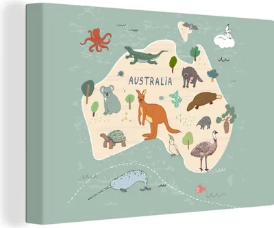 Produktbild von OneMillionCanvasses® - Leinwandbilder - 140x90 cm, Tiere - Australien - Weltkarte - Kinder - Blau - Kinder, Wandbilder Kunstdruck Wanddekoration