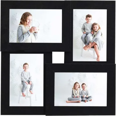 A collage of four photos featuring children in winter-themed settings, presented within a black frame.