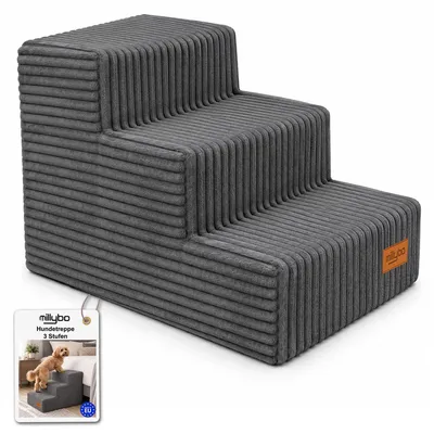 Produktbild von MILLYBO Hundetreppe aus Cord – Haustiertreppe für Hunde & Katzen, 3-stufig, abnehmbarer Bezug: Grau
