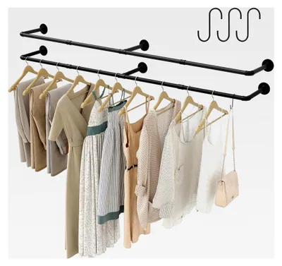 Produktbild von Rohr-Kleiderständer für die Wandmontage mit 3 S-förmigen Haken, 183 cm lang, Schwarz (2 Pakete)