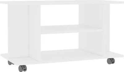 A white TV stand with two shelves and wheels.