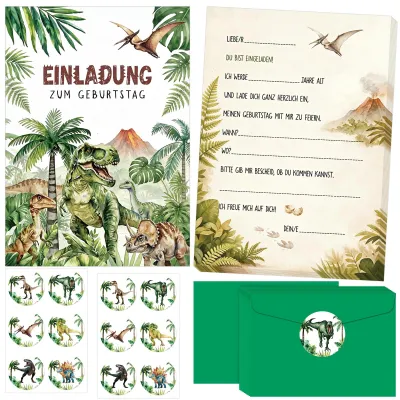 12 Dino-Einladungskarten, Dinosaurier-Motiv, Kindergeburtstag