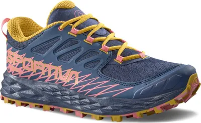 Dunkelblauer La Sportiva Lycan Woman GTX Schuh mit gelben Schnürsenkeln und pinken Details