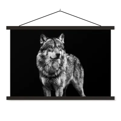Produktbild von MuchoWow® Textilposter Wolf - Tiere - Wild - Schwarz - Weiß 90x60 cm mit schwarzem Rahmen - Aufhängungssatz