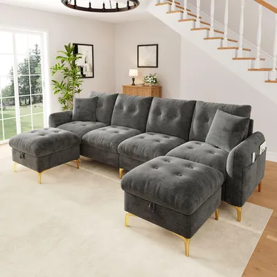 Image de Canapé d'angle en forme de U, modèle modulaire pour 4 personnes, avec des repose-pieds offrant un espace de rangement, pieds dorés, revêtement en velours, coussins de décoration, dimensions : 263 x 137 x 85 cm, couleur : gris
