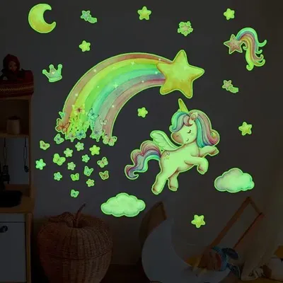 Produktbild von GKA Wandtattoo Einhorn Sternschnuppe nachtleuchtend GK71 Wandaufkleber für Kinderzimmer Wandsticker für Kinder Baby