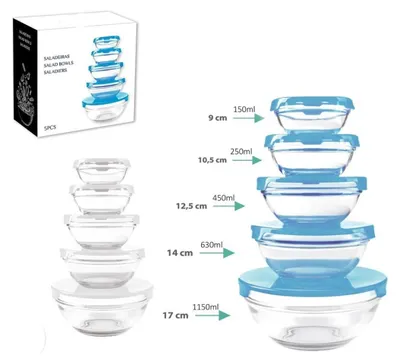 A product image showing a set of glass salad bowls with blue lids, with accompanying size and volume measurements.