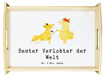 Produktbild von Mr. & Mrs. Panda Servier Tablett Fuchs Bester Verlobter der Welt - Weiß - Geschenk, Verlobung, Ehe, für bett, Verloben, Mann, Deko, Geschenkidee, aus holz, Hochzeit