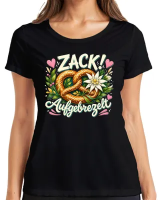 Productafbeelding van Zack Aufgebrezelt: Brezel, Edelweiss, , Lederhose, Dirndl, dames T-shirt, zwart, XXL