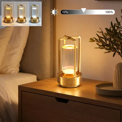 Produktbild von LED Touch Tischlampe Kabellose, Nachttischlampen 2000mAh, 3-Farben Stufenlos Dimmbar, USB wiederaufladbar Campinglampen, Gold, für Camping & Zuhause.