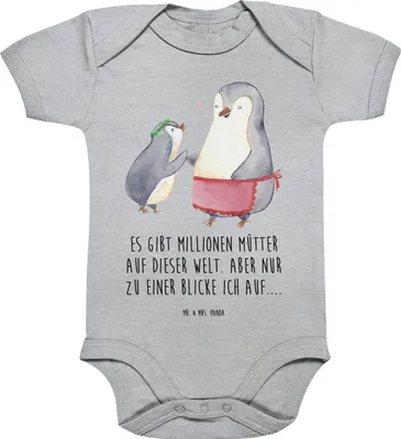 Produktbild von Mr. & Mrs. Panda Babystrampler Pinguin mit Kind 12. - 18. Monat - Heather Grey - Geschenk, overall baby, Muttertag, babykleidung body, Kurzarmbody, Strampler, Mom, Mutter
