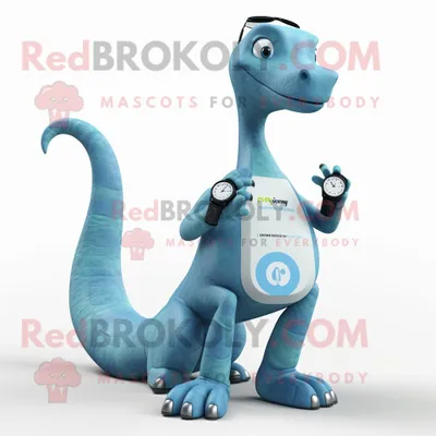 Productafbeelding van Cyan Brachiosaurus mascotte REDBROKOLY kostuum karakter gekleed met een Bootcut Jeans en Smartwatches