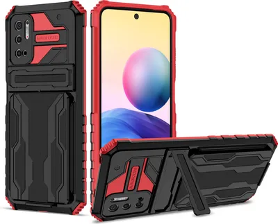 Produktbild von Redmi Note 10 5G Hülle, Hybrid Robust Schutz Stoßfest Schutzhülle mit Kartenhalter Ständer für Xiaomi Redmi Note 10 5G Rot