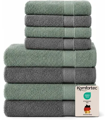 Produktbild von Komfortec 8er Handtuch Set aus 100% Baumwolle, 4 Badetücher 70x140 und 4 Handtücher 50x100 cm, Frottee , Weich,Groß,  Anthrazit/Hellgrün