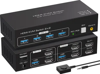 Obrázek produktu pro ZELURXX 8K HDMI 2.1 KVM přepínač 2x2 USB3.0 přepínač Duální HDMI vstup 8K@60Hz 4K@120Hz, dálkové ovládání, správa napájení, monitorová konference