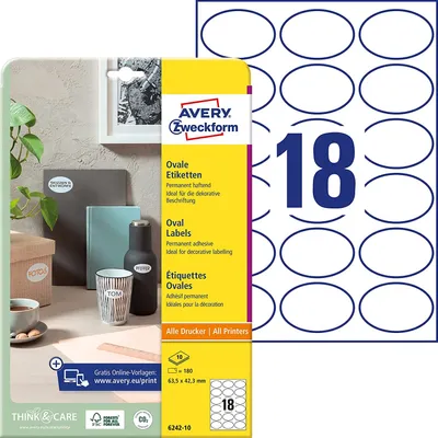 Produktbild von Avery Zweckform 6242-10 Ovale Etiketten, A4, 63,5 x 42,3 mm, weiß
