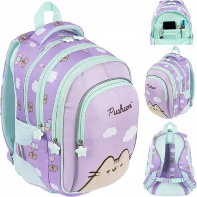 A collage of images showing a purple Pusheen backpack from different angles, including a close-up of the front and a view of the interior.