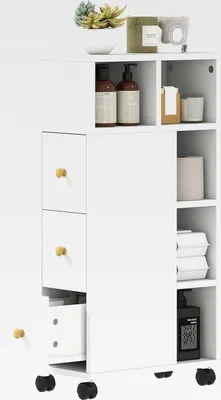 Produktbild von Badezimmerschrank Schmal, Badschrank mit 4 Rollen, 3 Schubladen, Nischenschrank Aufbewahrungsschrank mit 5 offenen Fächern, Toilettenschrank für Kleine Räume, 20 x 40 x 80 cm, Weiß