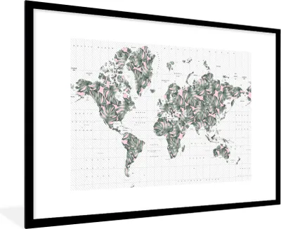 Produktbild von MuchoWow® MuchoWow® Gerahmtes Poster Weltkarte - Pflanzen - Rosa 90x60 cm - Poster mit zchwarzem Bilderrahmen - Wanddekoration - Fotos
