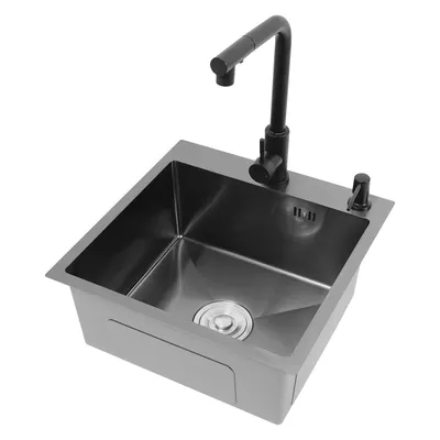 A stainless steel kitchen sink with a black faucet and soap dispenser, shown from a high angle against a white background.