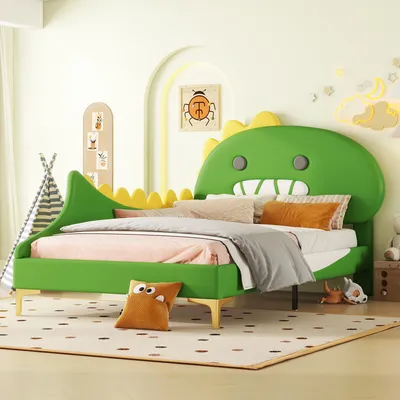 Produktbild von Flieks Polsterbett 90x200cm mit Lattenrost, Kinderbett mit Rausfallschutz, Einzelbett mit Dinosaurierförmigem Kopfteil, Holzbett PU, Grün