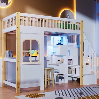 Produktbild von Weißes Hochbett mit LED, Fensterdesign, Ablageleiter & Schreibtisch, inkl. Steckdose & offenem Stauraum, ohne Matratze, Naturholzoptik, 90x200cm