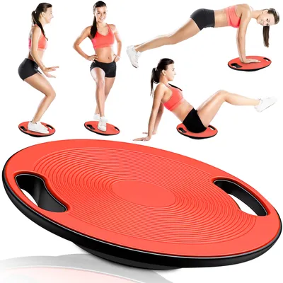 Produktbild von Balance Board aus Kunststoff bis 150 kg, Rutschfestes Wackelbrett mit Griffen, Gleichgewichtstrainer für Physiotherapie, ø 40 cm Rot Retoo