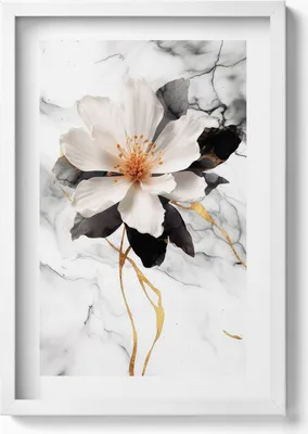 Produktbild von Marmorkomposition mit Blumen– Wandbild mit Rahmen – Gerahmtes Bild  – Wanddekoration – 40x60 cm – Weiß