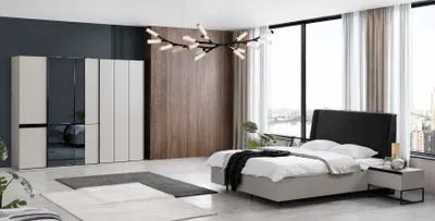 Immagine prodotto di Set per camera da letto grigio e nero, completo di letto, comodini e armadio
