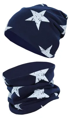 Produktbild von TupTam Uni Kinder Beanie Mütze Schlauchschal Set, Farbe: Sterne Weiß / Dunkelblau, Größe: 54-56