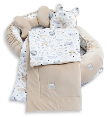 BABYNEST SET 5 tlg. BEIGE Samt Velour/ HASE EULE Baumwolle Nestchen