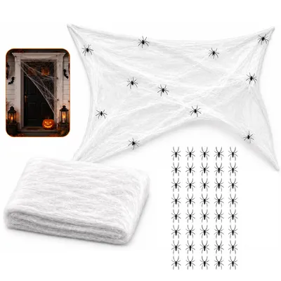 Produktbild von Halloween Spinnennetz Deko 200g, dehnbares Spinnennetz mit 40 schwarzen Spinnen, Halloween Dekoration für Tür, Fenster, Garten & Party